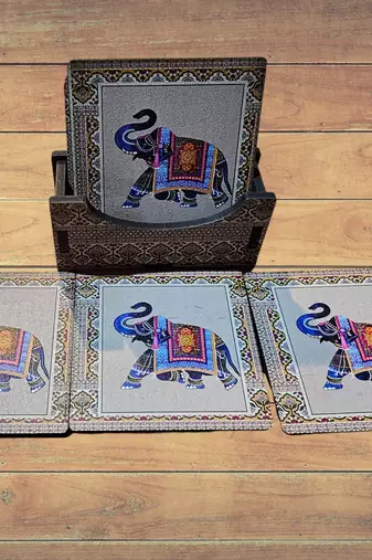 Wooden multicolor elephent coster set 6 with rajathani art
