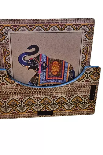 Wooden multicolor elephent coster set 6 with rajathani art