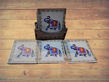 Wooden multicolor elephent coster set 6 with rajathani art 2