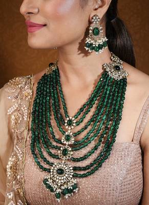 Layered mahrani haar necklace with green beads and kundan stone pendant 1