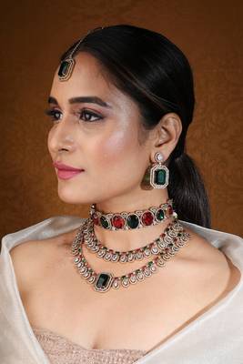 American stone choker & two-layer necklace set in red and green 2