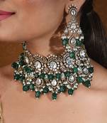 Bridal choker necklace with kundan stones and green drops