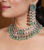 Mint green stone kundan layer choker necklace set with maang tikka