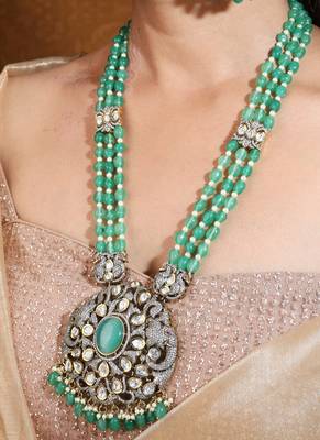Mint green bead necklace with american stone studded elephant motif pendant 4