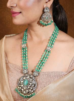Mint green bead necklace with american stone studded elephant motif pendant 1