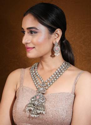 Long bridal necklace with kundan stones, american diamond stones 2