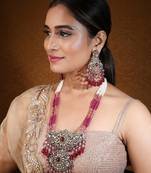 Long maharani haar with light pink beaded mala and statement pendant