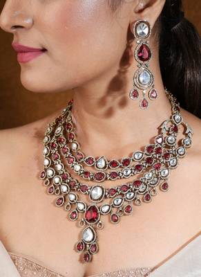 Bridal ruby stone layer necklace set with earrings and maang tikka 1