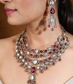 Bridal ruby stone layer necklace set with earrings and maang tikka