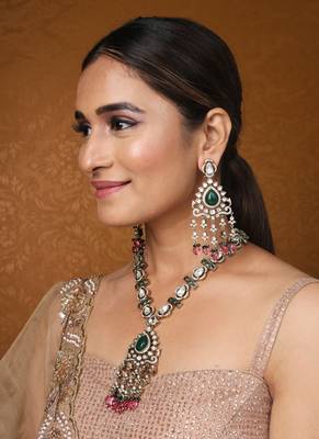 Gold and Kundan Ruby And Green Stone Necklace Set 3