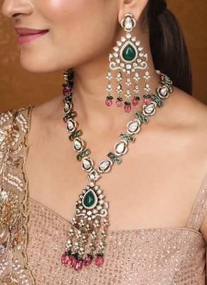 Gold and Kundan Ruby And Green Stone Necklace Set 1