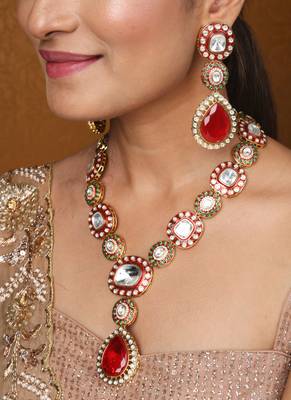 Kundan stone necklace set with red stone pendant 1