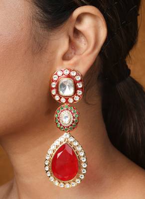 Kundan stone necklace set with red stone pendant 3