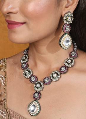 Jaipur jadau work necklace set with kundan stones 1