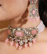 Statement choker with pink stones and american diamond accents