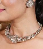 Statement hasli necklace with red & green american diamond stones and stud earrings