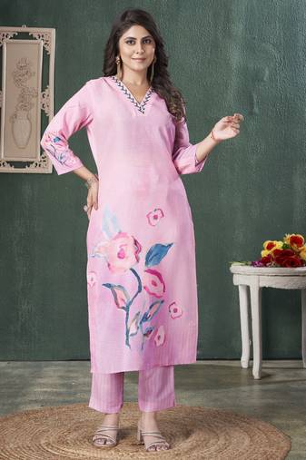  pink muslin floral printed embroidered straight kurta with pant