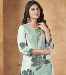green muslin floral printed embroidered straight kurta with pant