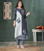  steel blue muslin ombre printed embroidered straight kurta with pant