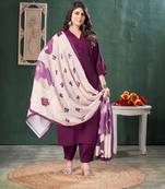  purple roman silk solid straight kurta with afghani salwar & printed dupatta