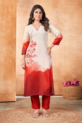  cream muslin ombre printed embroidered straight kurta with pant