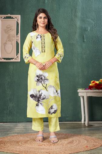  lime yellow muslin floral printed embroidered straight kurta with pant