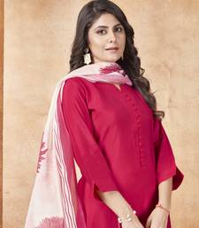 fuchsia pink roman silk solid straight kurta with pant & printed dupatta