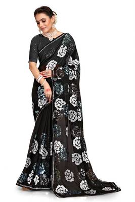 Black embroidered georgette saree with blouse 1