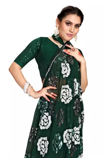 Green embroidered georgette saree with blouse