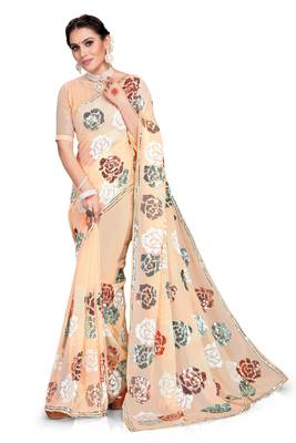 Beige embroidered georgette saree with blouse 1