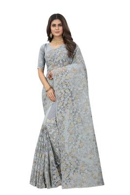 Grey embroidered net saree with blouse 1