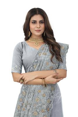 Grey embroidered net saree with blouse 2