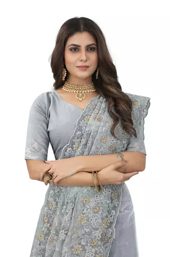 Grey embroidered net saree with blouse