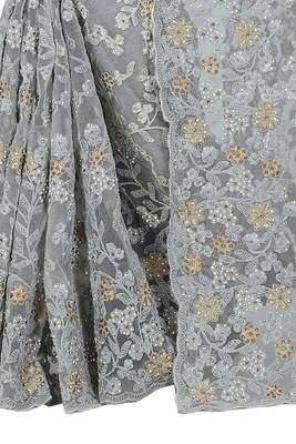 Grey embroidered net saree with blouse 4