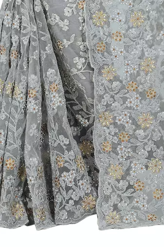 Grey embroidered net saree with blouse