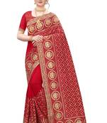 Red embroidered art silk saree with blouse