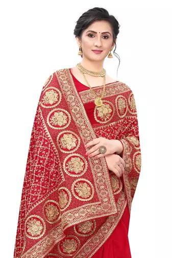Red embroidered art silk saree with blouse