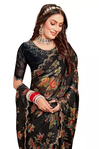 Black embroidered organza saree with blouse