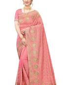 Peach embroidered art silk saree with blouse