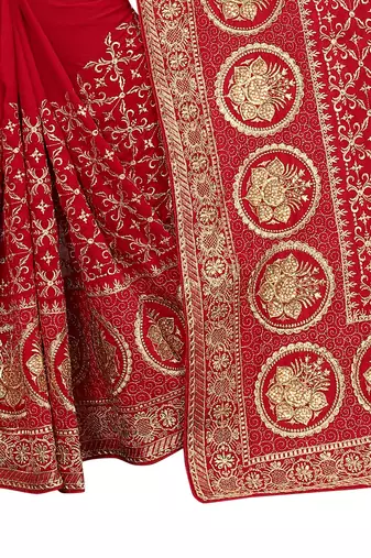 Red embroidered art silk saree with blouse