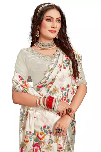 Beige embroidered organza saree with blouse