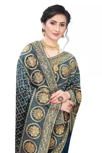 Turquoise embroidered art silk saree with blouse