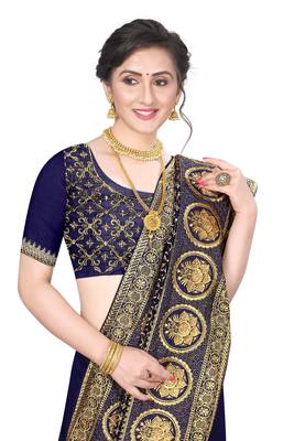 Navy blue embroidered art silk saree with blouse 2