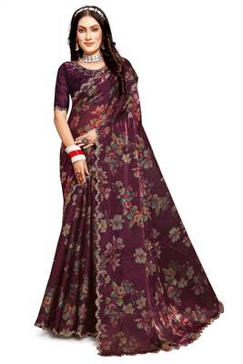 Wine embroidered organza saree with blouse 1