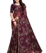Wine embroidered organza saree with blouse