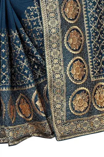 Turquoise embroidered art silk saree with blouse
