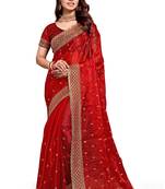 Red embroidered art silk saree with blouse