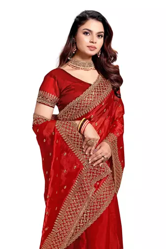 Red embroidered art silk saree with blouse