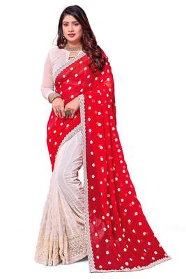 Red embroidered georgette saree with blouse 1
