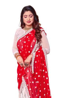 Red embroidered georgette saree with blouse 2